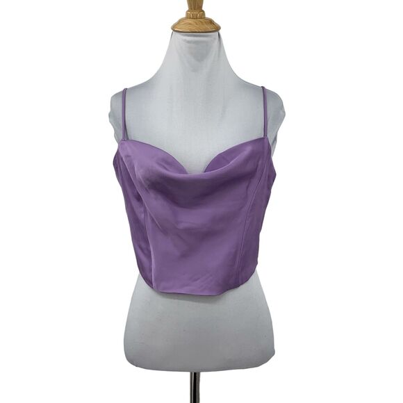 H&M Cami Crop Top Womens M Medium Lavender Satin Draped Cowl Neck Boned Bodice - Picture 1 of 16